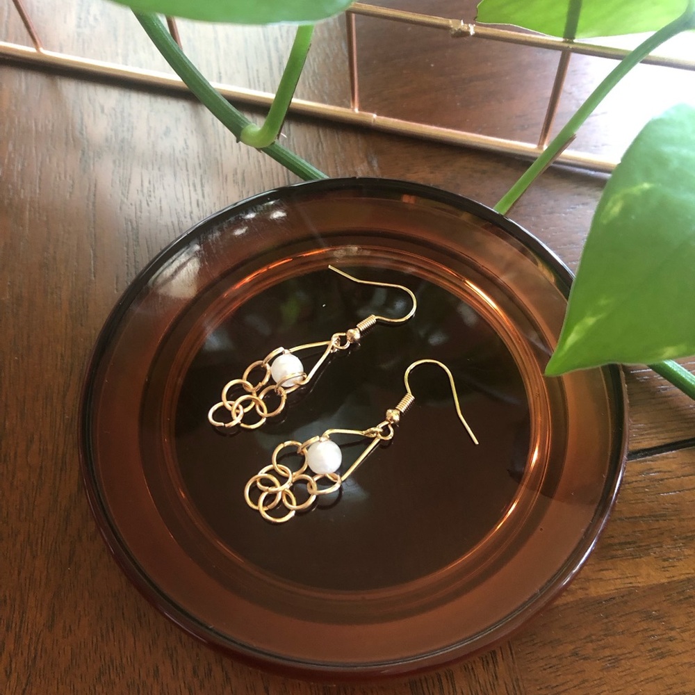 Goldtone Drop Earrings with White Bead